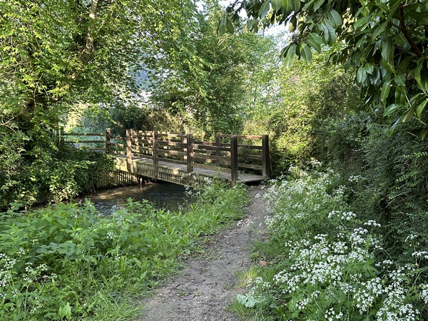 Nous contournons le bourg pour suivre le délicieux chemin du Vieux Moulin qui longe et traverse le ruisseau de la Croix Blanche.