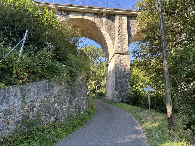 Nous passons sous le viaduc de la ligne Mantes-la-Jolie - Cherbourg. Coincée entre la Risle et la colline, la route n'a pas grand espace pour se faufiler. Entre la route du Lac et celle-ci, ça fait presque 4 km de goudron, mais ce sont de petites routes calmes, dans les paysages de la vallée de la Risle... aucun regret !