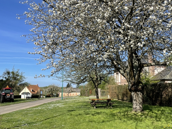Table de pique-nique sur la place de l'église de Vandrimare, idéale pour une petite pose.