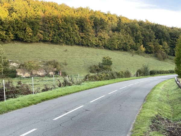 Nous n'entrons pas dans Notre-Dame-de-Bondeville, mais suivons la route des Longs Vallons pour remonter en forêt. On voit à gauche les ruines d'un ancien bâtiment agricole.