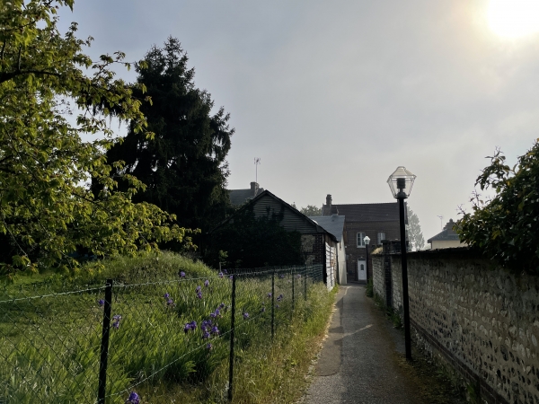 La rue de la Garenne débouche sur la rue du Bosc que nous allons suivre à gauche pour monter en forêt.