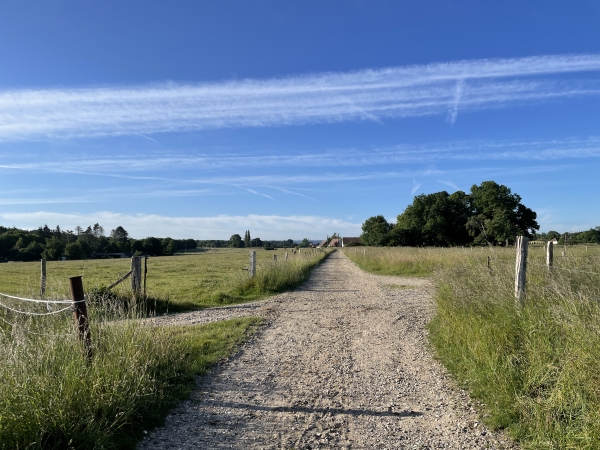 On aperçoit les premières maisons de Jumièges. C'est ici que nous quittons la Voie Portier pour tourner à gauche, vers la forêt de Jumièges, sur le GR23A.