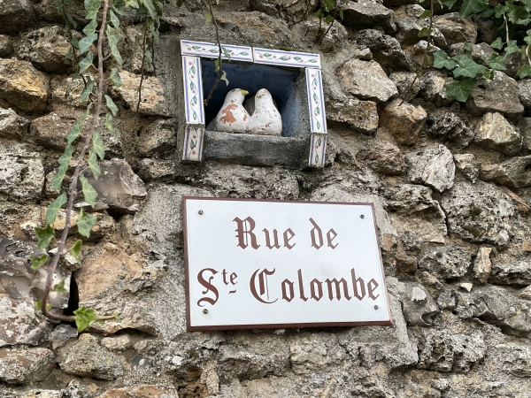 La rue s'appelle Ste Colombe. Eh ! L'emblème de Sainte Colombe est un ours ! Pas deux pigeons ! Mais c'est mignon quand même.