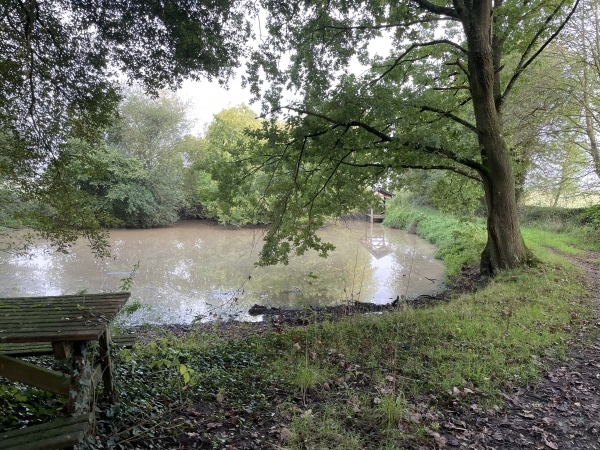 Nous sommes sur le circuit "Chemin des Mares", en voici une, avec sa table de pique-nique et son ancien lavoir à chaînes (Voir la photo de détail dans l'album de la rando).