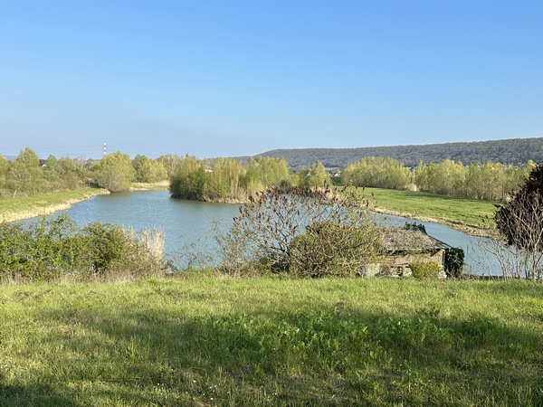 A notre gauche, on aperçoit l'un des étangs, et son gabion au premier plan.