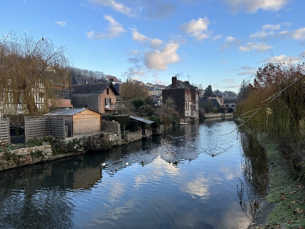 Bords de la Charentonne à Broglie.&nbsp; Les canards se précipitent vers nous, habitués sans doute à la générosité des Brogliens.
