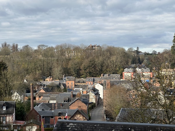 Vue sur Broglie. En cette saison, on peut deviner le château sur la colline en face.