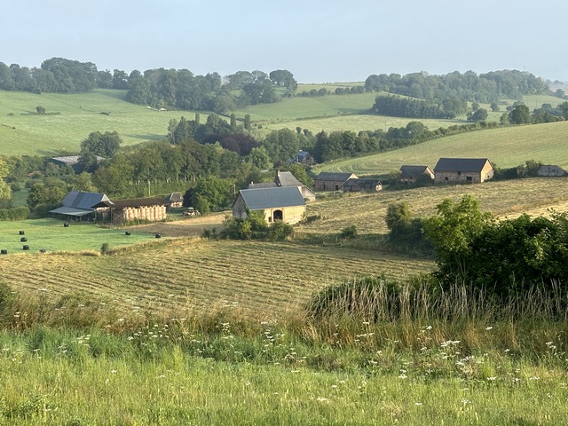 Nous dominons la vallée du Héron, avec au centre une ferme du XVIIe que nous verrons de près en fin de boucle.