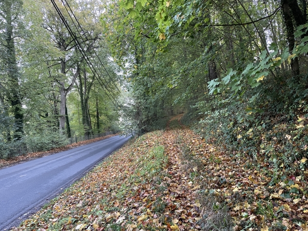 Nous quittons la route pour suivre ce chemin qui monte vers le cimetière du Héron. A gauche, dans la vallée, se trouvait le château du marquis de Pomereu où Flaubert découvrit les fastes d'une réception mondaine, qu'il saura utiliser dans ses romans. Le château a été détruit en 1948.