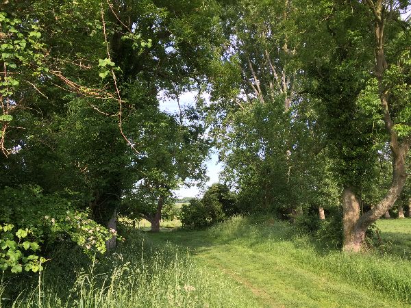 On aperçoit déjà les bâtiments de la ferme du Fond de Longueil.