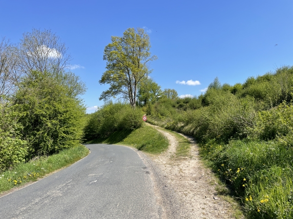 Nous arrivons sur la D62, et la quittons rapidement pour suivre ce chemin à droite.