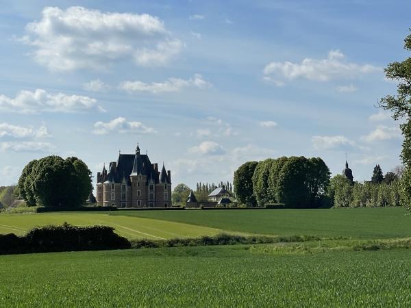 Le chemin devient rue en entrant dans Martainville-Epreville. Sur notre gauche, on voit le château de Martainville (XVe), et la flèche de l'église Notre-Dame de la Paix (XVIIe).