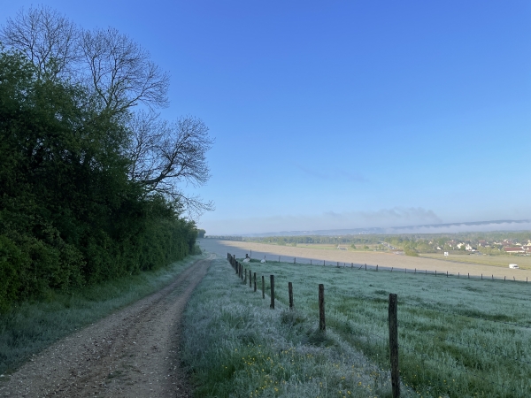 Nous suivons le chemin en lisière du bois des Andelys. Nous dominons la boucle de la Seine, appelée boucle de Château-Gaillard.
