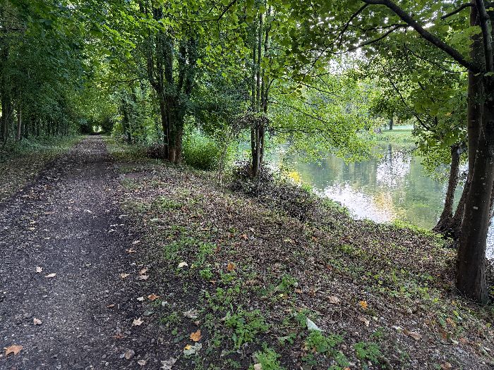 <font color="#202122" face="sans-serif">Je marche maintenant sur l'ancienne ligne de Saint-Georges-Motel à Grand-Quevilly. Par chance, cette ancienne voie ferrée n'a pas été asphaltée! C'est un chemin délicieux, boisé, qui par endroits est très proche de l'Eure.</font>