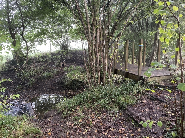 Je traverse à nouveau le Douet Tourtelle, mais sur une passerelle cette fois-ci. On voit sur la passerelle le balisage bleu de ce circuit.