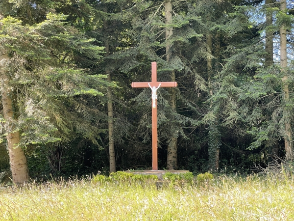 Calvaire au bois Priou. Un chemin entre dans le bois Priou et rejoint le bois Hibou, mais l'itinéraire officiel reste sur l'impasse qui mène au château. Ce chemin est tentant, et aucun panneau n'en interdit l'accès. Après une hésitation, je reste sur le chemin officiel : j'enregistre ma trace gps...