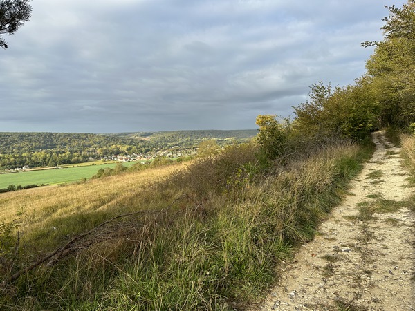 En lisière du bois, nous avons tourné vers l'ouest. Nous marchons maintenant en limite du plateau, avec de belles ouvertures sur la vallée de l'Eure.