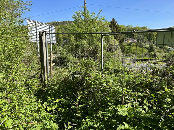 La sortie du chemin herbu ne doit pas être très fréquentée ! Elle est envahie de hautes herbes, mais on passe facilement. Le passage piéton est à gauche de la barrière.