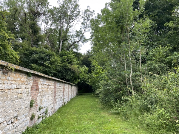Le chemin monte le long du mur du château.