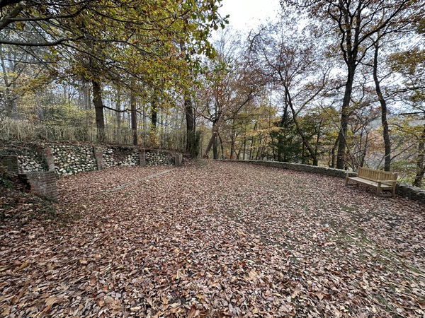 Nous arrivons au Théâtre de Verdure créé par Albert Parissot. Pendant la seconde guerre mondiale, il a servi de cimetière aux pilotes allemands du terrain d'aviation voisin. 