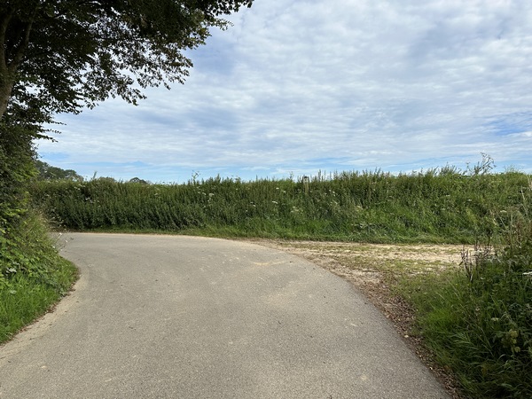 A Lestanville, nous avons tourné sur la rue du Calvaire, et allons tourner ici à gauche. Le circuit officiel part à droite pour une boucle dans la plaine jusqu'à Lamberville.