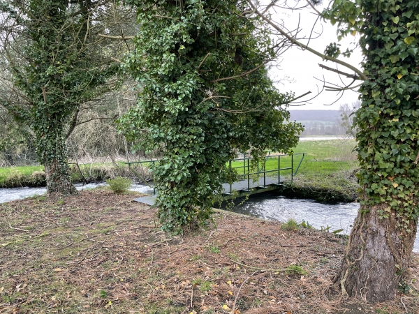 Derrière la mairie, une passerelle permet d'accéder à l'étang.