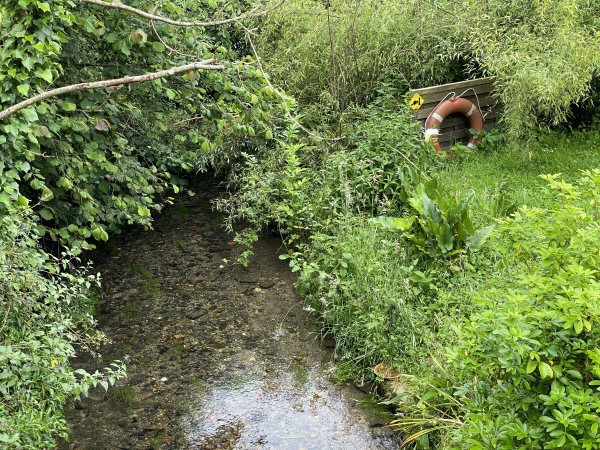 En franchissant ce bras de la Scie, on peut voir une bouée de sauvetage à proximité des 10cm de profondeur de la rivière !
