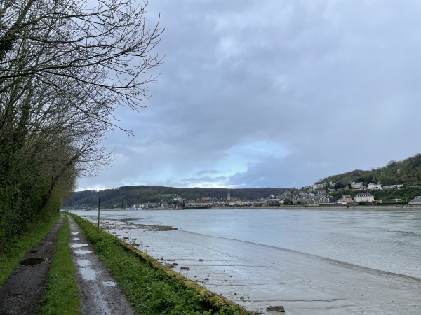 Sur l'autre rive, on devine Caudebec-en-Caux. Nous sommes partis sous une lourde pluie, mélange de gouttes et de flocons, mais le ciel commence à nuancer vers le bleu.