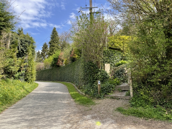 Nous quittons ici le chemin de la Boutille. Il ne faut pas rater l'entrée en forêt, passage discret entre les maisons.
