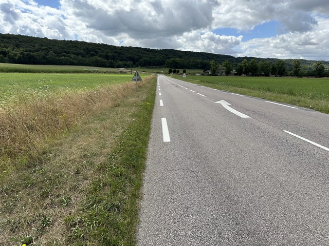 Pour avoir eu le plaisir du chemin de la Garderie, nous devons marcher maintenant le long de la D45 sur 350 m.