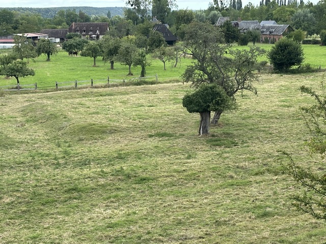 Nous traversons le hameau de Port d'Yville, et marchons maintenant rue des Paradis, avec vue sur le hameau et les marais de Seine.