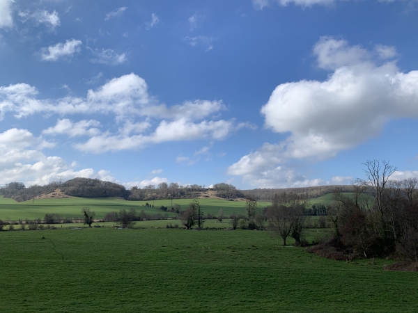 A notre gauche, s'étale la vallée de l'Eaulne. Derrière, sur la hauteur, c'est la forêt domaniale d'Arques.