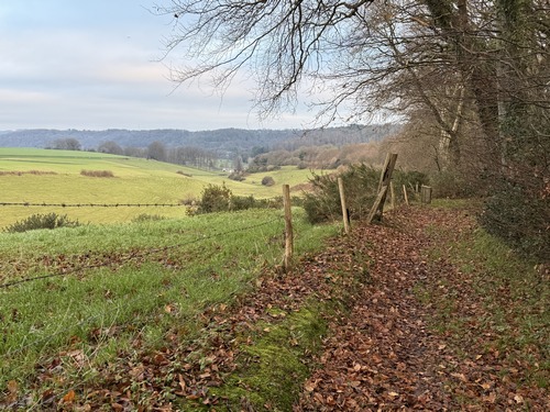 Avant le hameau de la Broche à Rôtir, nous trouvons notre premier chemin. Il longe le bois de Mesmoulins et domine la vallée de la Ganzeville.