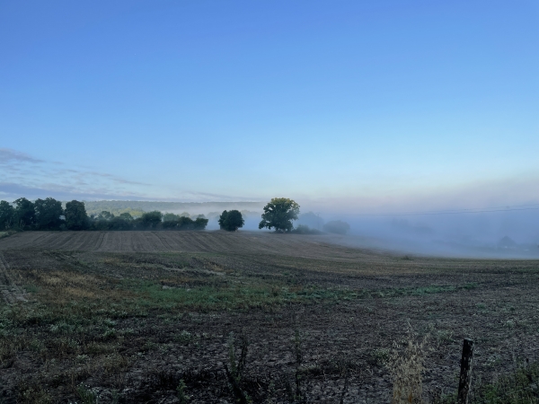 Regard arrière sur Aizier dans la brume matinale.
