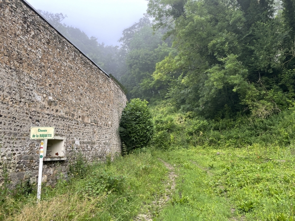 Le chemin de la Roquette monte dans le bois du même nom. C'est le tracé du GR211.