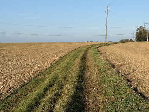 Nous quittons la route du Val pour suivre ce chemin entre les champs jusqu'à la route de Bourg Achard.