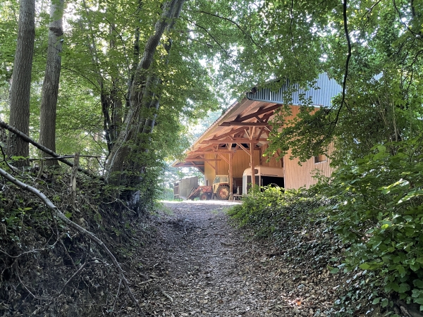 A la lisière du bois, nous débouchons devant cette grange, que nous connaissons bien maintenant. Ca donne toujours l'impression d'entrer dans une propriété, mais non, le chemin passe bien devant.