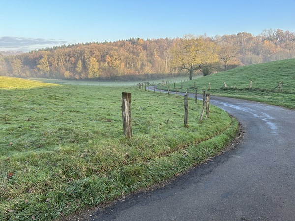 Le chemin débouche sur la petite route du Quesney. Je marche vers la D675 (regard arrière).