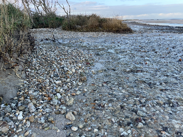 Un ruisseau débouche sur la plage. Les chaussures imperméables sont bien utiles.