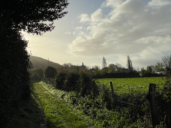 Le GR223 s'approche du bourg de Pennedepie, nous distinguons déjà la flèche de l'église.