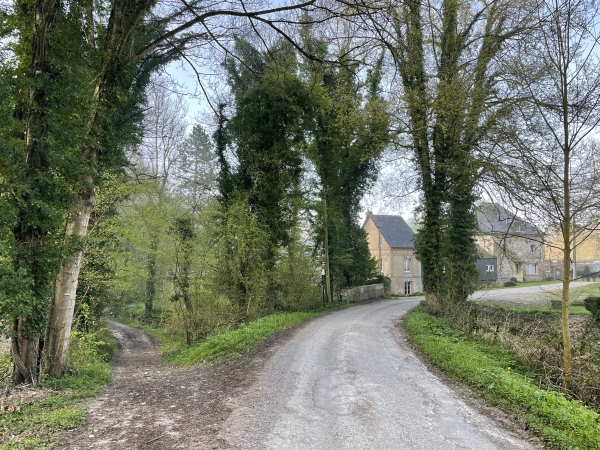Notre premier chemin rejoint la petite route de Launay, et la quitte ici pour suivre, à gauche, le chemin du Mont-Sauveur.
