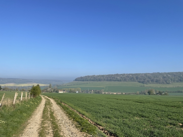 Nous suivons maintenant le chemin des Ecoliers en direction de la Mistaquerie. Regard arrière sur la vallée du Ruisseau de Bièvredent et, derrière, la vallée de l'Andelle.