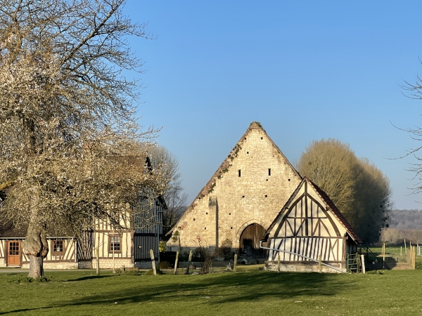 Nous arrivons au niveau de l'une des granges dîmières de l'abbaye de Jumiège qui est dans notre dos, sur l'autre rive. A partir d'ici, la D65 rejoint le bord de Seine. Nous allons la suivre jusqu'au bac de Yainville.