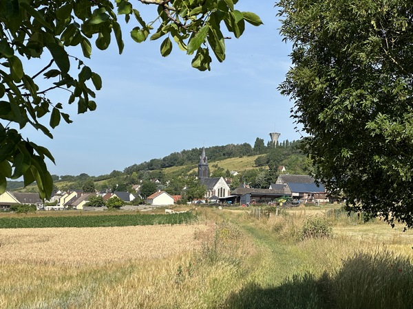 Nous fermons la boucle par ce charmant chemin des Fondriaux. C'est un chemin surélevé qui traverse les marais de Seine. A mi-chemin, on passe d'Eure en Seine-Maritime. On voit déjà la flèche de l'église Saint-Baudille, notre point de départ.