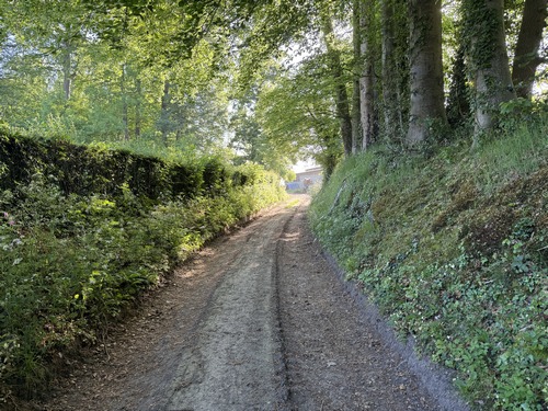 Nous quittons le parking de la mairie, passons par la Grande Rue et tournons ici sur la Sente du Tortillard. Le Tortillard (1912) était une petite ligne ferroviaire gérée par les Chemins de fer de Normandie qui reliait la vallée de la Saâne au réseau principal.