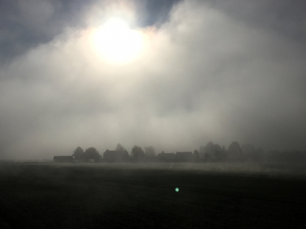 Le bourg de Port-Mort est caché par le brouillard de Seine.