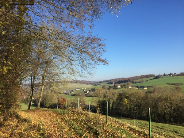 Nous sommes maintenant sur la Côte du Héron, le coteau ouest de la rivière. Regard arrière vers Rebets. Les panoramas se succèdent, éclairés par la lumière d'une belle journée d'automne.