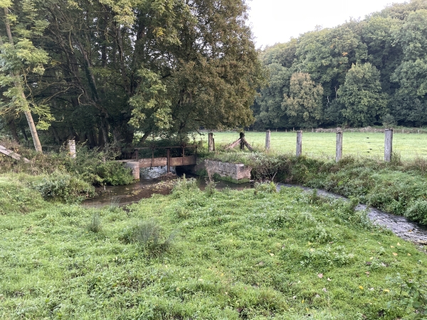 Je traverse une première fois le Sébec. A ma gauche, les vestiges d'un petit barrage de prise d'eau. On voit l'amorce d'un bief. Est-ce le bief de la turbine et de la dynamo installées au XIXe siècle par le comte de Tourville pour l'électricité du château ?