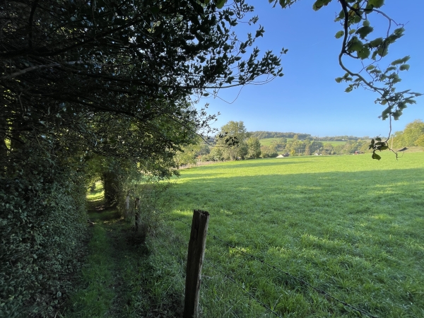 J'arrive dans la vallée, je vais traverser la route de Lisieux et continuer vers la Tourville.
