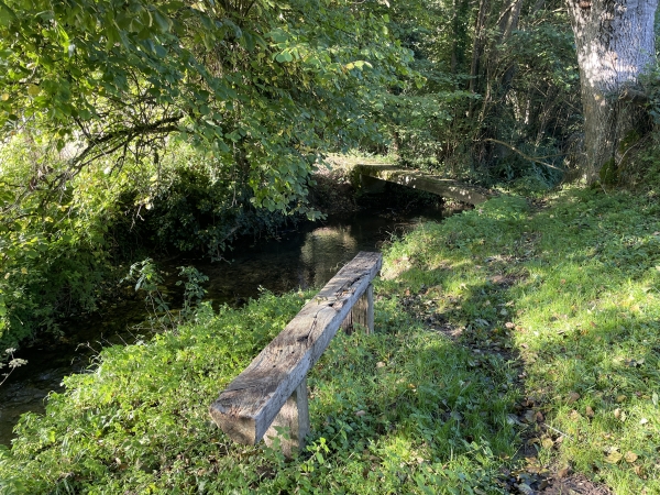 A nouveau un banc et une passerelle sur la Tourville. Je suis à quelques mètres de l'endroit où le ruisseau des Moines et celui de la Fontaine Barbotte se réunissent pour devenir la Tourville.